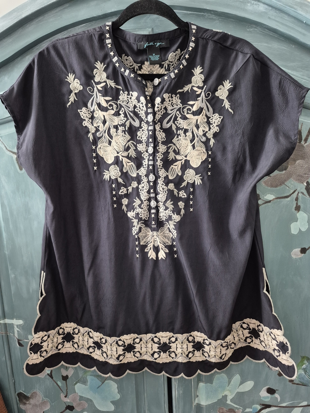Faith & Zoe Black Top with  Cream Floral Embroidery